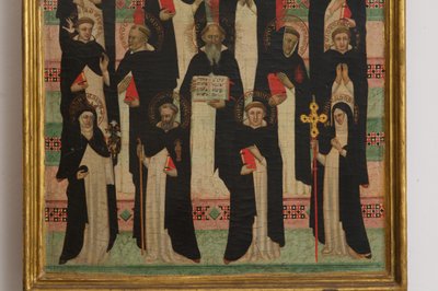 تفاصيل عن العذراء ، والمسيح و 17 من درجات حرارة القديسين على اللوحة بواسطة ماجستير في التماثيل الدومينيكية